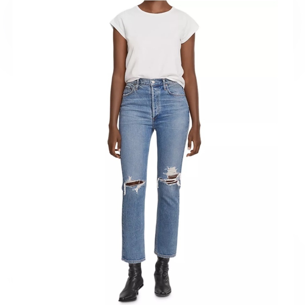 AGOLDE Riley High Rise Crop Straight Leg Denim Jeans Whiplash Distressed Size 26